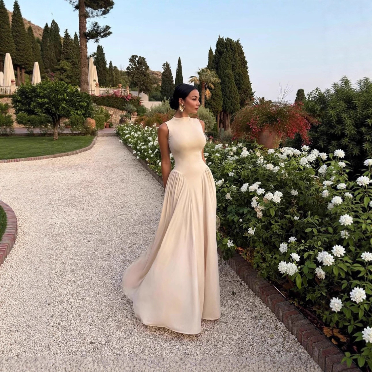 Robe de soirée élégante et fine, couleur unie, col rond, sans manches, longue, tempérament féminin, soirée, bal, banquet, vestidos