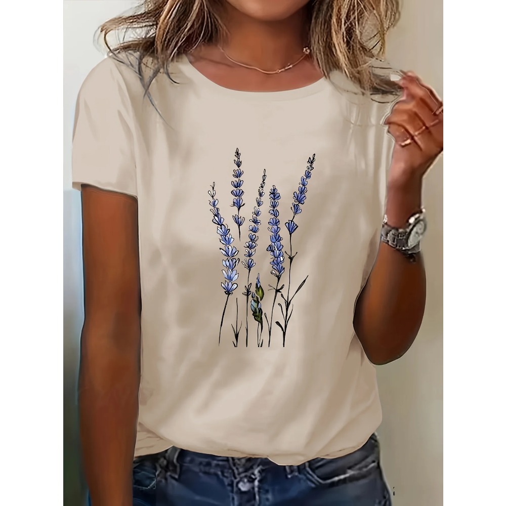 T-shirt décontracté pour femmes à imprimé floral lavande, style coréen, col rond, manches courtes, chemisier lavande, motif floral abstrait