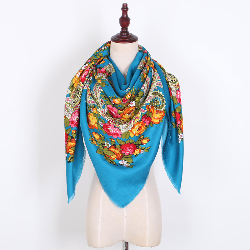 Écharpe carrée de grande taille pour femmes russes, Bandana de luxe à imprimé Floral, châle National rétro à pompon court