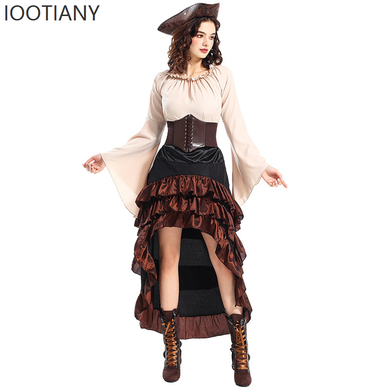 Tenue de Reine Pirate de Style Médiéval, Robe Longue Vintage à Volants et Corset Irrégulier, Parfaite pour le Cosplay de Navigatrice 2026