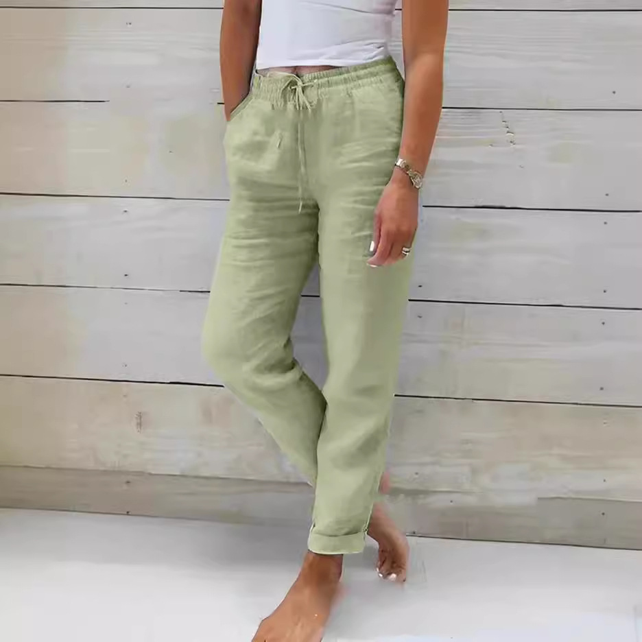 Pantalon décontracté femme 2026, nouvelle collection Europe, taille haute, coupe ajustée, couleur unie, en coton et lin, vêtements pour femmes