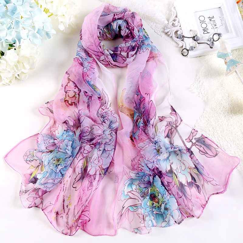 Mode chaude été en mousseline de soie Georgette écharpe perroquet pivoine imprimer femmes Foulard Long châle et enveloppement Bandana élégant mince 50*160 cm M163