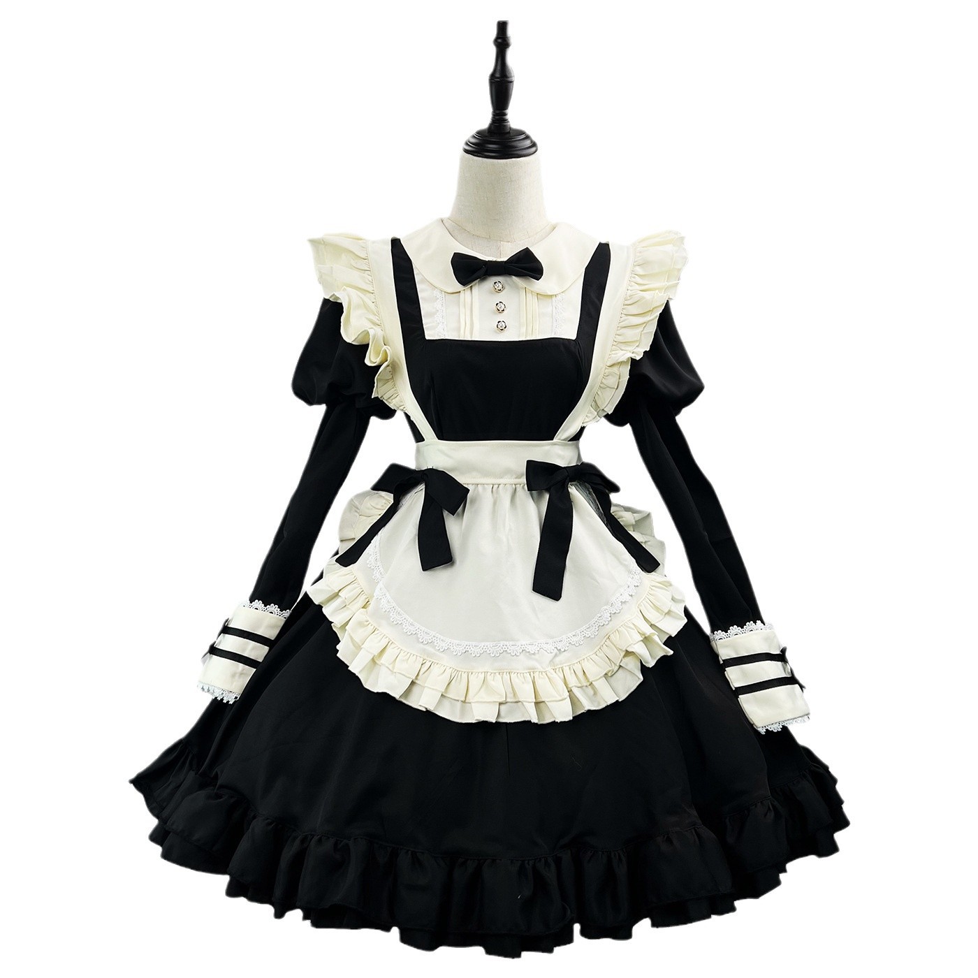 Tenue de demoiselle d'honneur en dentelle de style japonais, costume de serveuse mignon et doux pour café, costumes d'Halloween pour femme, robe gothique lolita de couleur noire