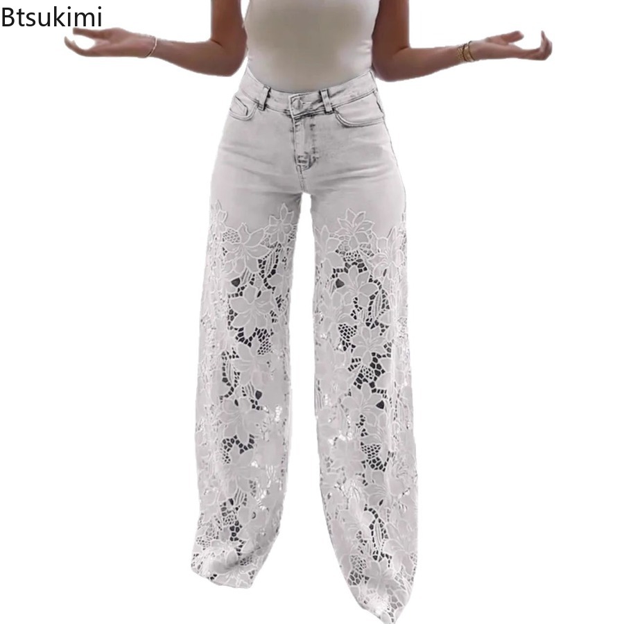 Nouveau Jean Femme 2026 Sexy en Dentelle Évidée, Pantalon Large Rétro Couleur Unie pour l'Été, Décontracté avec Empiècements au Crochet et Taille Haute
