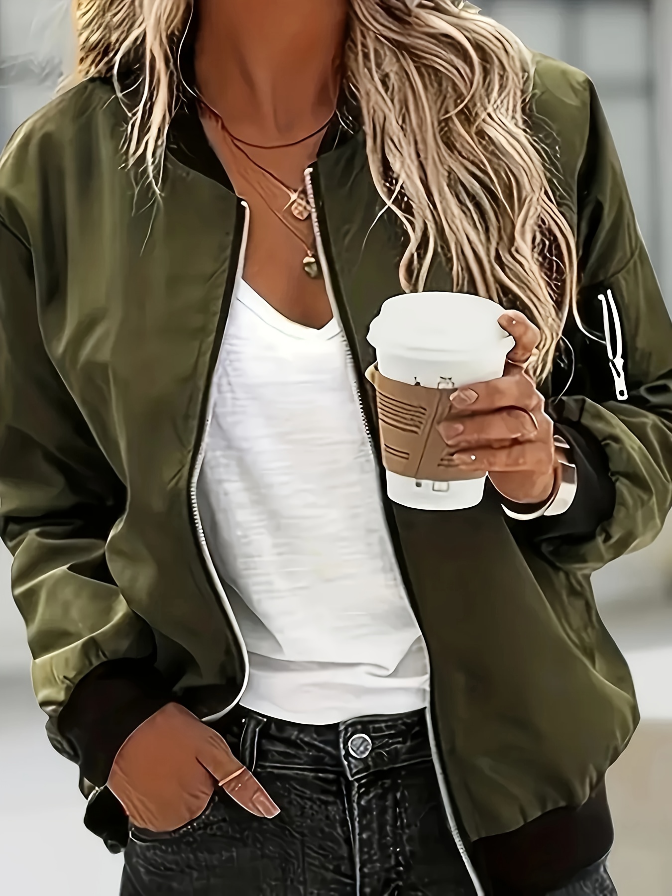 Veste bomber décontractée pour femme à manches longues avec fermeture éclair, coupe-vent léger avec poches, pour un usage quotidien en extérieur