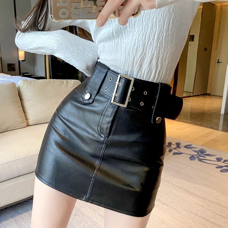 Jupe femme 2022 mode coréenne vêtements bouton solide au-dessus du genou, Mini jupe noire en cuir vintage Regulai Fit