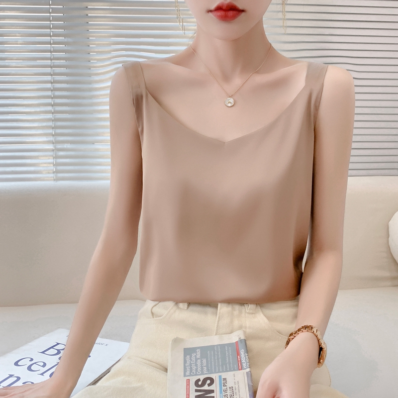 Camisole en soie pour femmes, costume d'été à l'intérieur, col en v, gilet à bascule en Satin, fin, ample, sans manches, écharpe, hauts en soie, petite chemise tendance, 2025