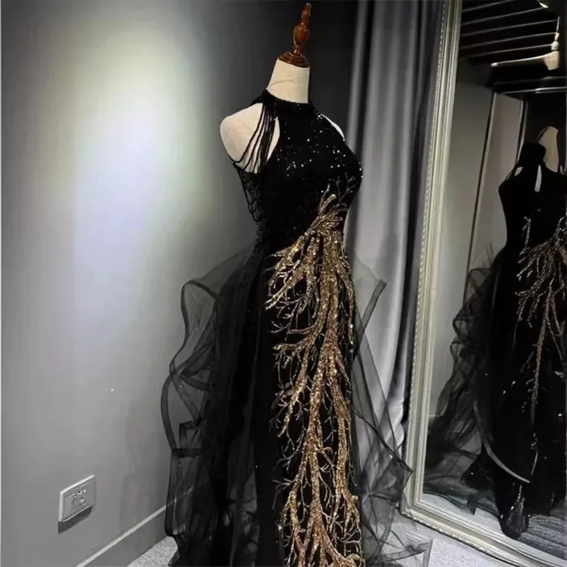 Femmes robes de soirée noir sens avancé mince tempérament célébrité hôte cou queue de poisson jupe mariage Toast robe pour femme