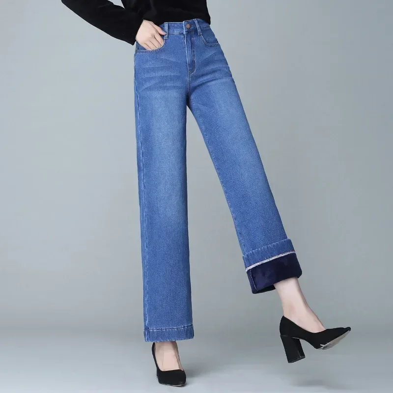 Jean d'hiver pour femme en velours chaud, coupe large, extensible, en denim, pantalon droit 2026, doublé polaire, idéal pour le froid, Jean Mujer