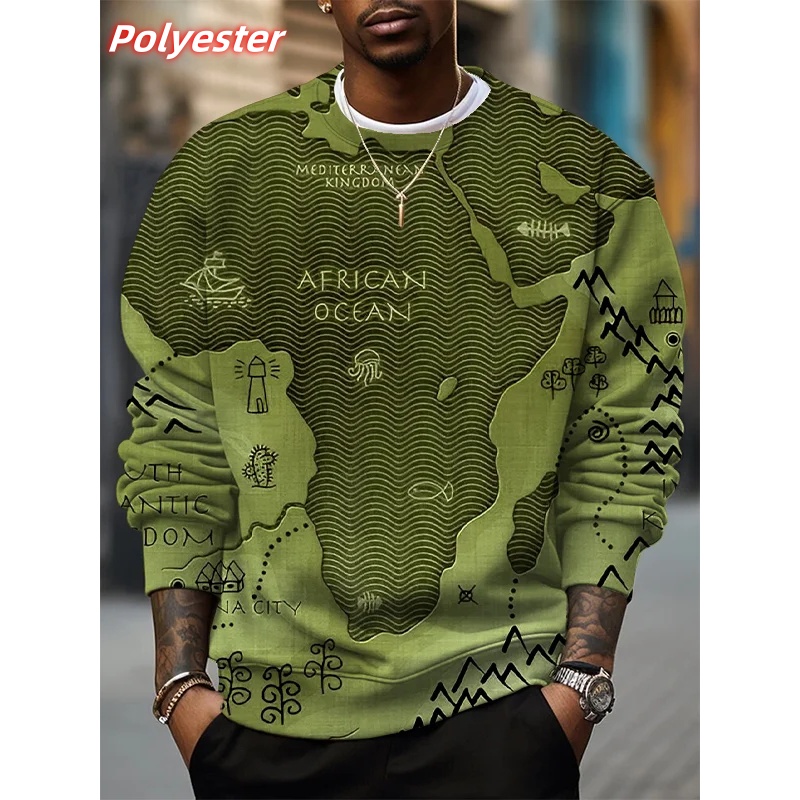 Sweat à capuche motif océan africain pour hommes, pull imprimé carte africaine en 3D, manches longues, col rond, ample, automne