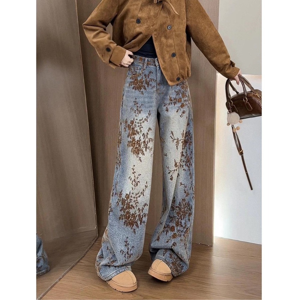Jean large en jacquard floqué pour femme - Nouvelle collection hiver 2025, taille haute, amincissant, coupe droite