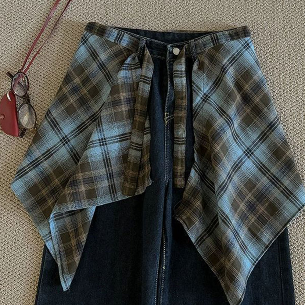 Jupe cache-hanches à carreaux, jupe à taille nouée irrégulière, jupe à carreaux avec ceinture, jupe superposée, accessoires de style streetwear Y2K.