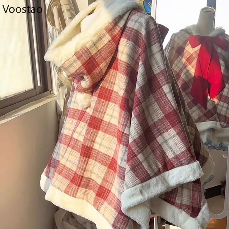 Manteau Everak en laine de style Lolita vintage japonais pour femmes, arc mignon, plaid, chaud, châle à capuche, vestes, ponchos en peluche pour filles, automne, hiver