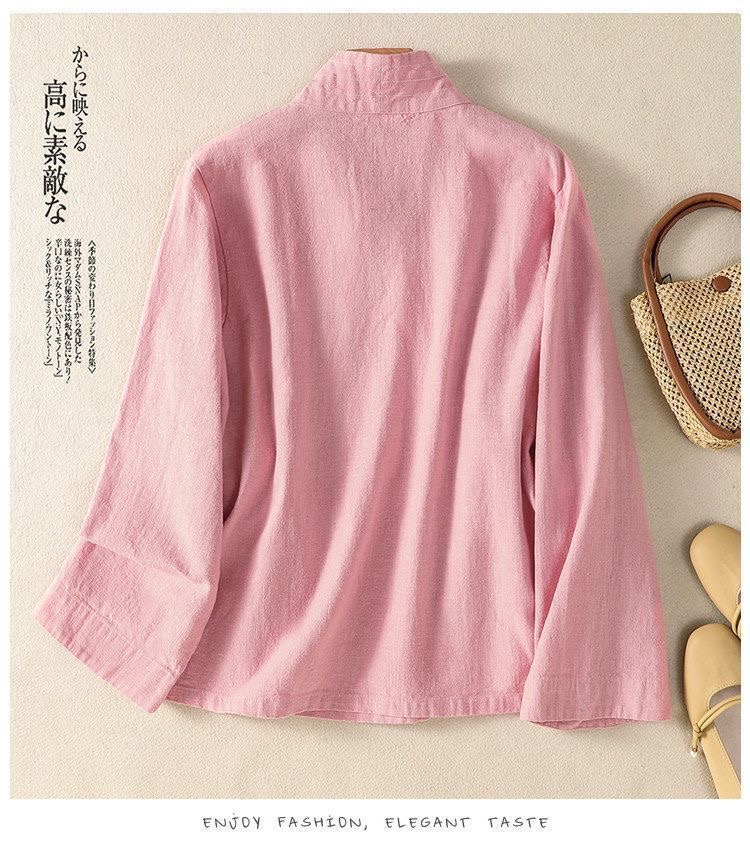 Chemise kimono vintage de style chinois pour femme, printemps automne, bohème, beige, rose, bleu marine, vêtements en coton, cardigan à manches longues, manteau