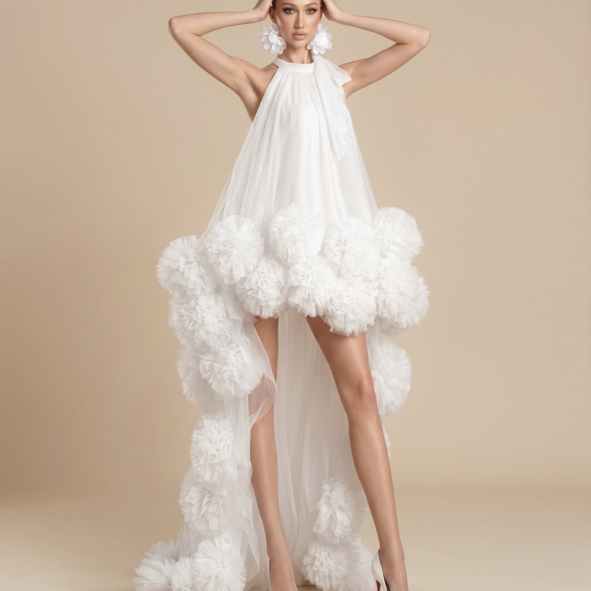 Nouvelle Robe Blanche 2026 à Col Halter pour Femme, avec Volants Floraux 3D, Coupe Asymétrique, Robe de Soirée/Cocktail, Taille Empire, Idéale pour Invitée de Mariage Formelle