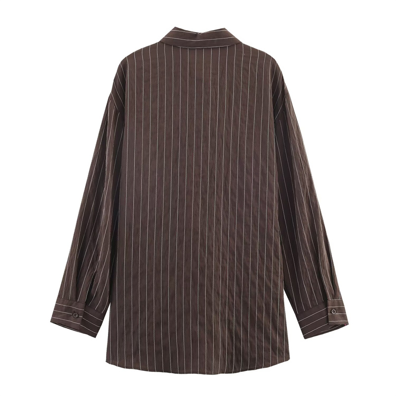 Chemise femme 2025 hiver nouveau Style chemise à manches longues rayée marron rougeâtre avec décor de boutons coupe ample élégant et Unique