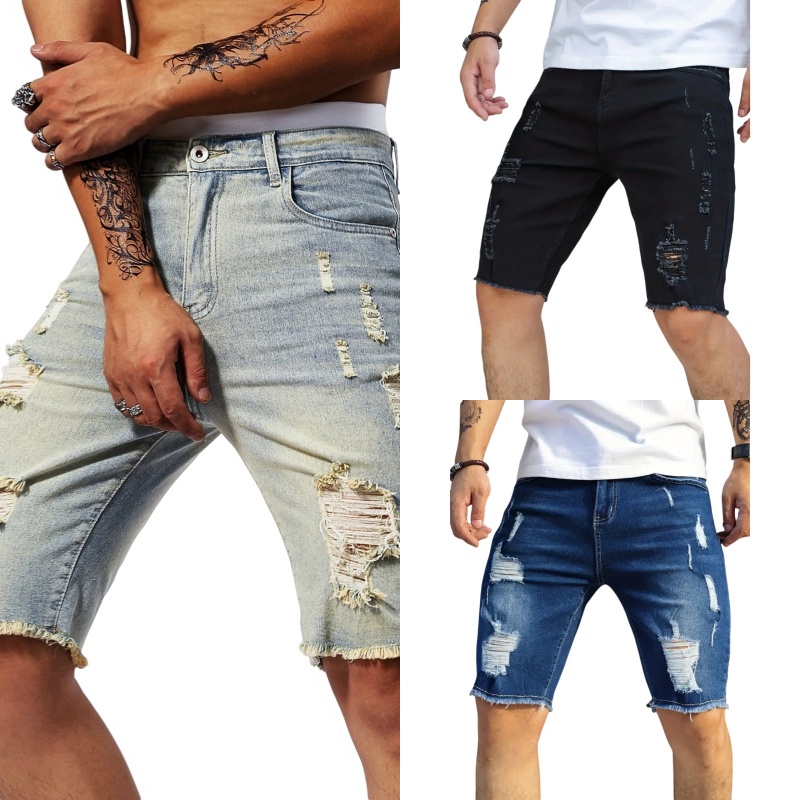 Short en Jean Déchiré pour Homme, Vêtement en Denim, Court, Slim, Droit, à la Mode, Noir, Streetwear, Été