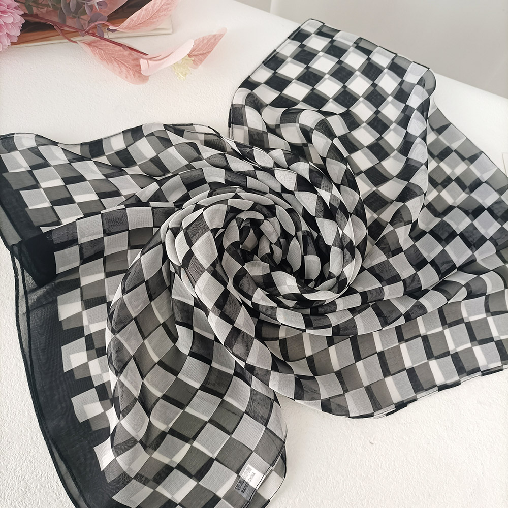 Foulard à carreaux pour femmes, élégant, en mousseline de soie, Georgette, Bandana, été, plage, voyage, Protection solaire, Hijab fin