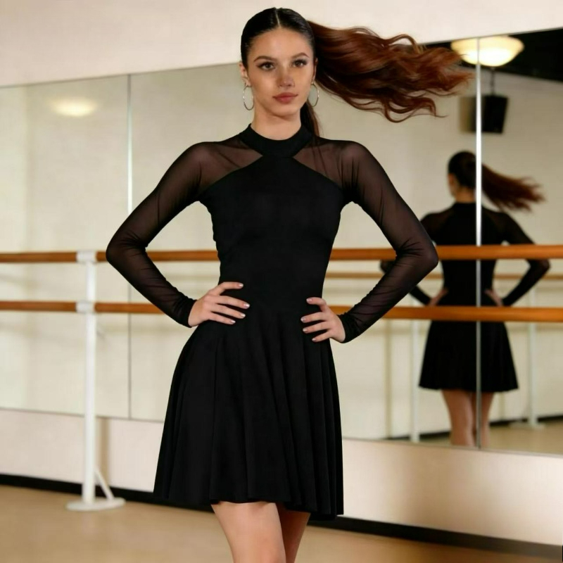 Robe de danse latine pour femmes adultes, manches longues, jupe en maille, vêtements d'entraînement, Cha Cha Rumba, tenue de scène, vêtements de danse de salon