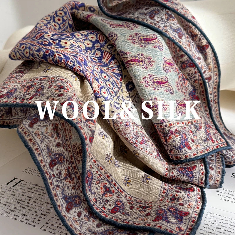 30% soie 70% laine écharpe pour femmes automne hiver femmes cou plus chaud ethnique violet Paisley imprimé carré écharpe russe châle