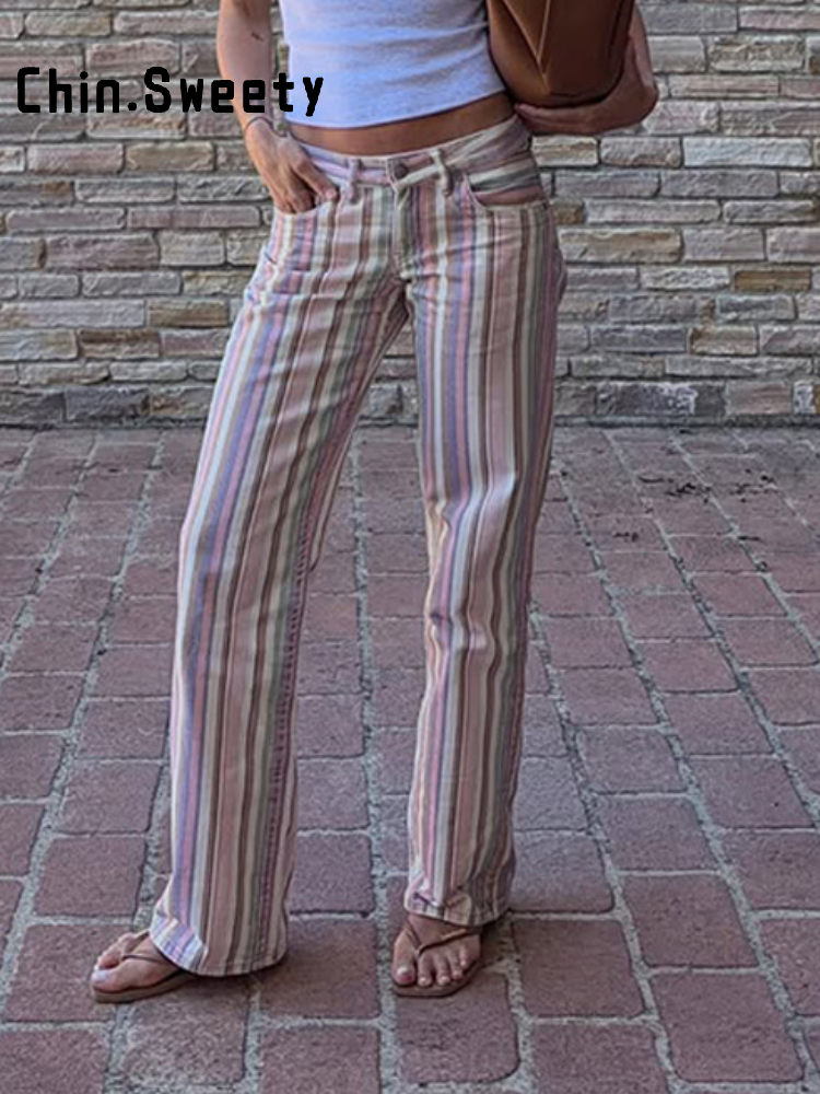 Jean à rayures colorées pour femme, taille mi-haute, boutonné, coupe droite, pantalon polyvalent, été 2026, nouveau pantalon de ville pour femme.