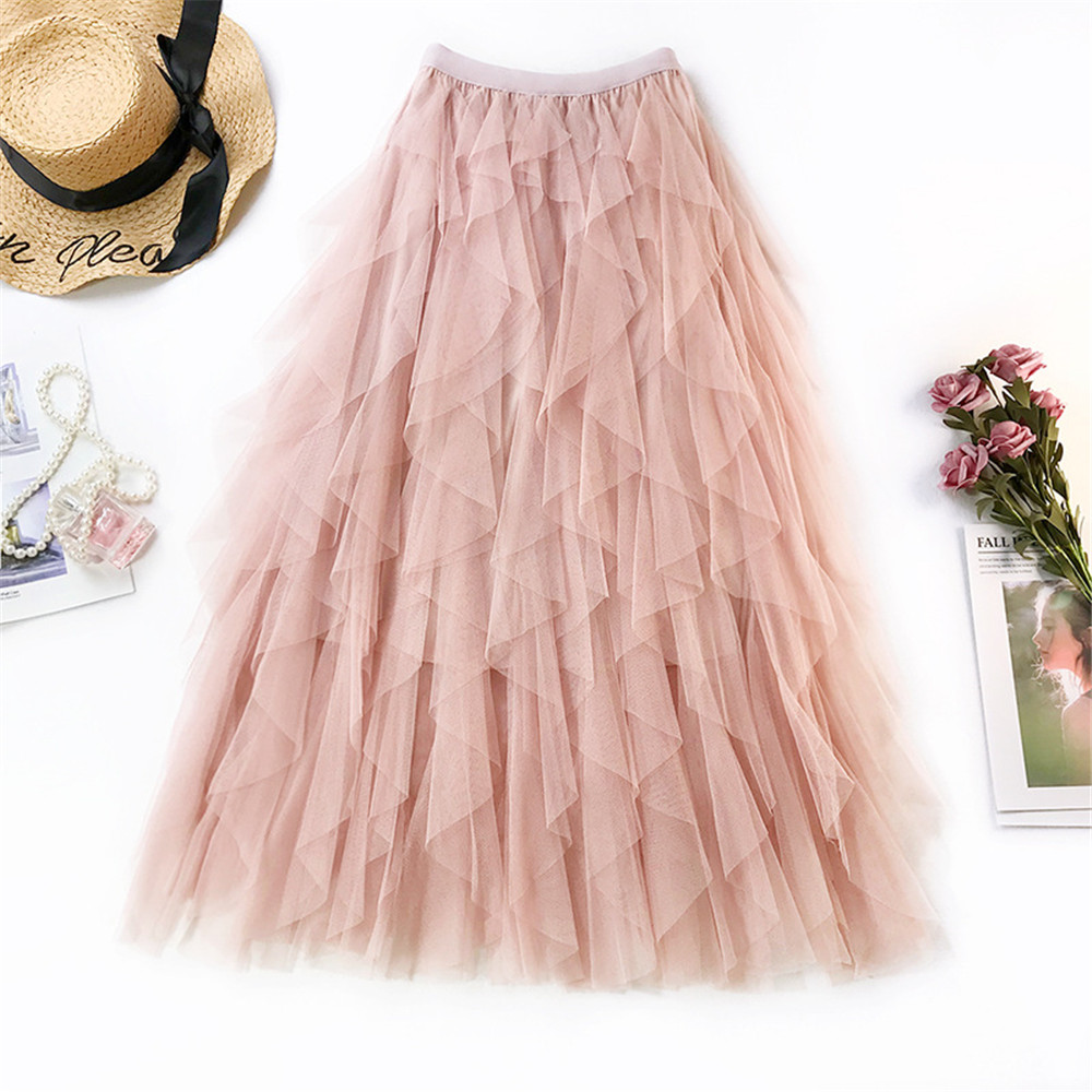 Jupe longue en tulle tutu tendance pour femme, jupe plissée taille haute noire et rose style coréen printemps-été 2022
