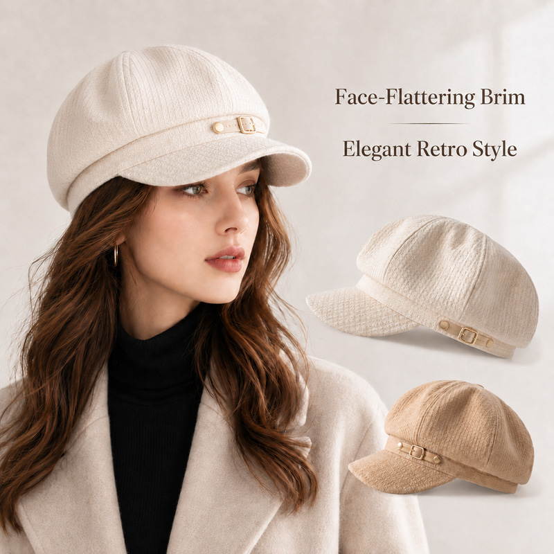 Béret Femme Automne Hiver, Casquette d'Artiste Vintage, Chapeau Newsboy avec Ceinture Décorative, Casquette de Peintre Octogonale Tendance à Visière Courte