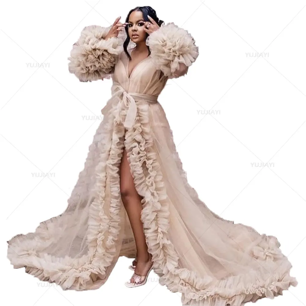 Robe de bal de mariée en Tulle pelucheux pour femmes, manches longues, Robe de soirée de mariage, pyjama Boudoir, Robe de maternité