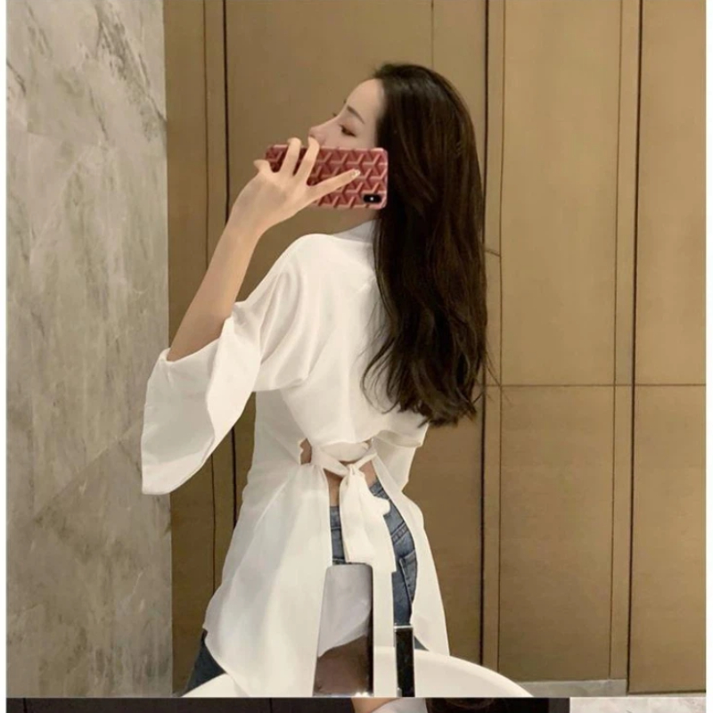 Chemisier à manches longues et col polo pour femmes, chemise dos nu sexy, vêtements coréens élégants, tempérament désactivé, printemps, été, nouveau