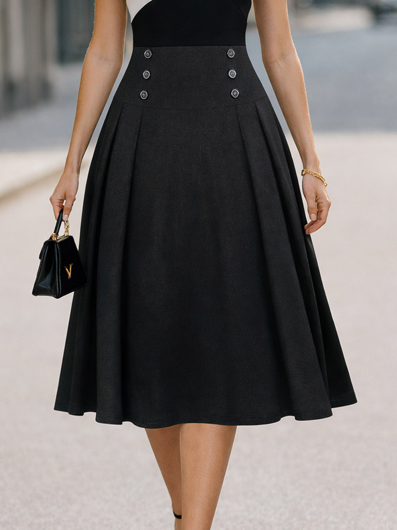 Jupe midi plissée évasée taille haute élégante pour femme, avec détails boutonnés, couleur unie, tenue décontractée chic pour le bureau, le travail ou les soirées