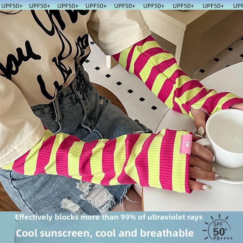 Manches de protection solaire d'été pour femmes en soie glacée, amples, anti-UV, à rayures tendance pour la conduite