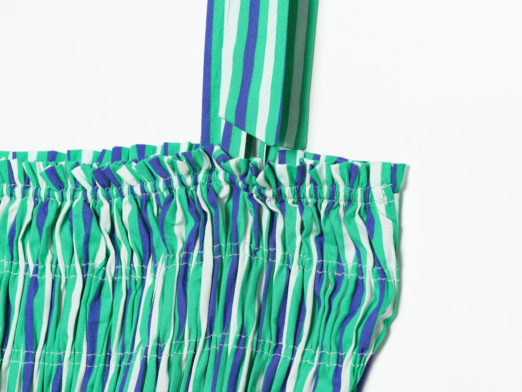 Robe midi décontractée coréenne BSAY pour femme, nouvelle collection, à rayures, avec bretelles à nouer, taille élastiquée smockée, ourlet à volants, sans manches, fluide, pour le quotidien ou la plage