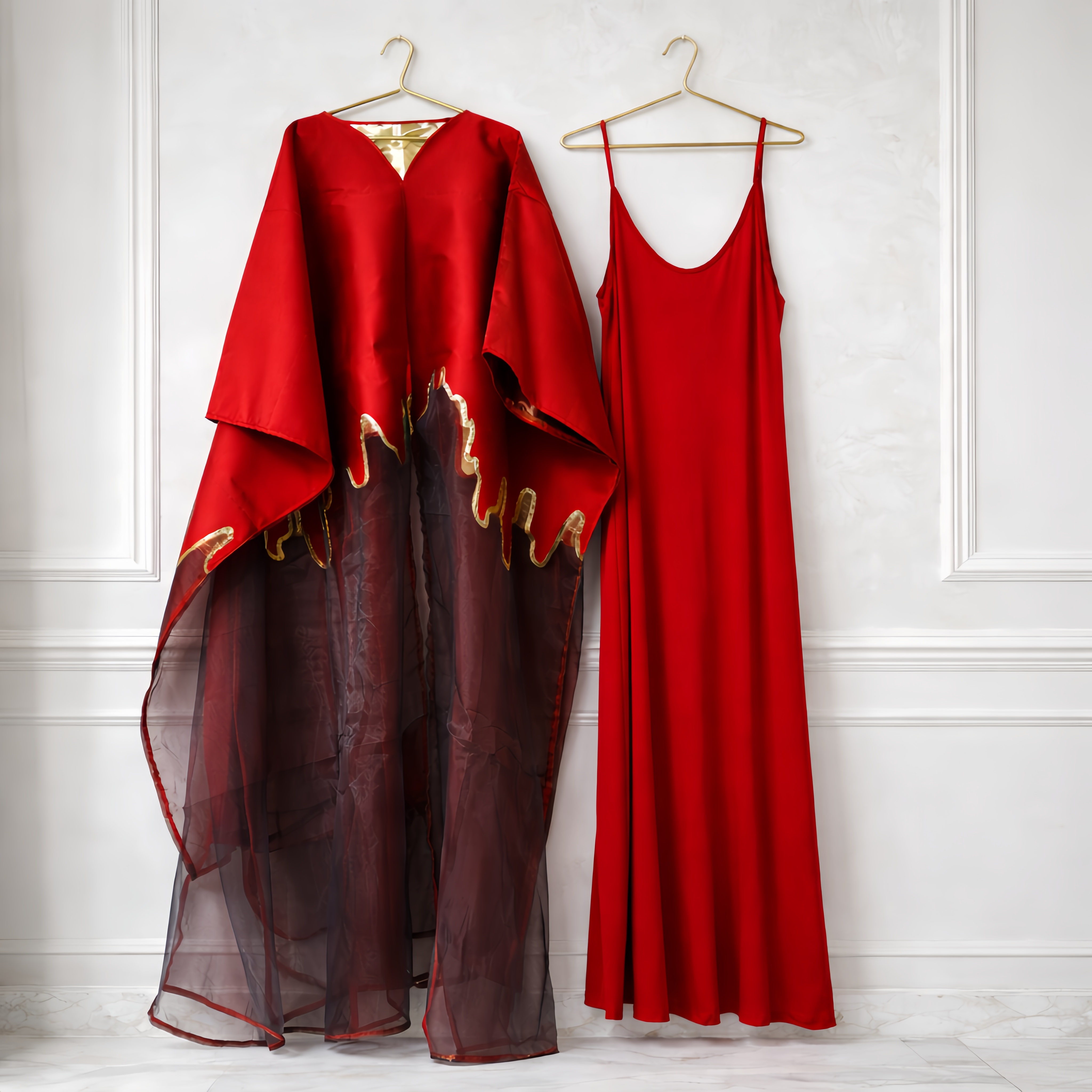 Robe longue de mariée africaine Dashiki Nigéria rouge en brocart du Moyen-Orient, design unique, 2 pièces, avec doublure à bretelles et détails en maille