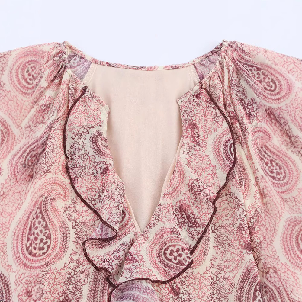 Robe MIDI d'été en mousseline de soie pour femmes, imprimé Vintage, col en v, volants en cascade, manches longues, vêtements de rue élégants, 2025