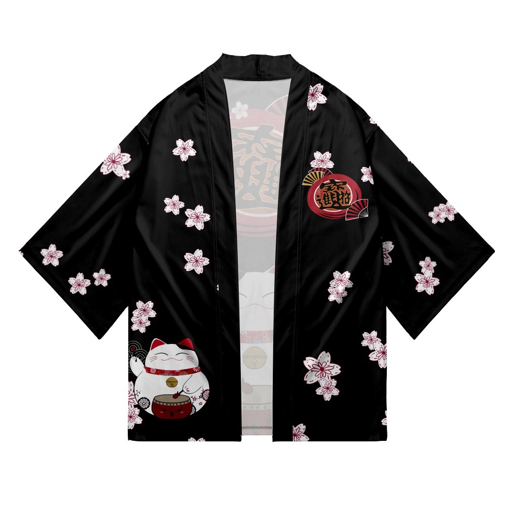 Kimono japonais imprimé samouraï chat Sakura pour hommes et femmes, Cardigan Haori, Costume traditionnel, cape ample à manches courtes, S-3XL