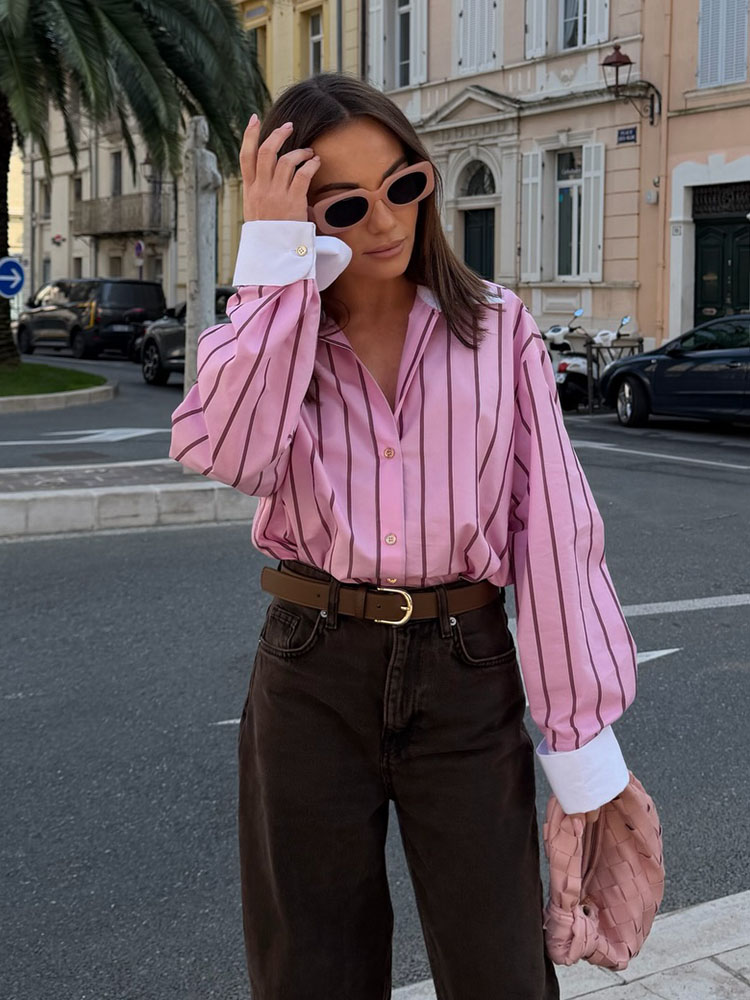 Chemisier décontracté rose rayé à revers et manches longues pour femme, élégant et polyvalent, style printemps