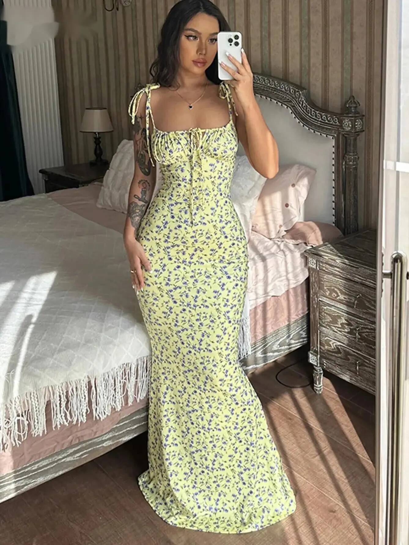 Robe longue drapée sexy à imprimé floral vintage, élégante, avec lacets, tenue de plage, sans manches, à bretelles, pour femme, pour soirée et club, Vestido