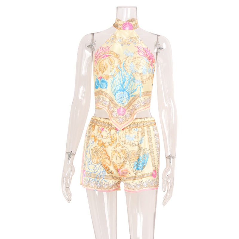 Ensembles de costumes imprimés pour femmes, 2 pièces, mode sexy, streetwear, sans manches, style fourreau, col halter (haut + short), survêtements féminins, coupe ajustée