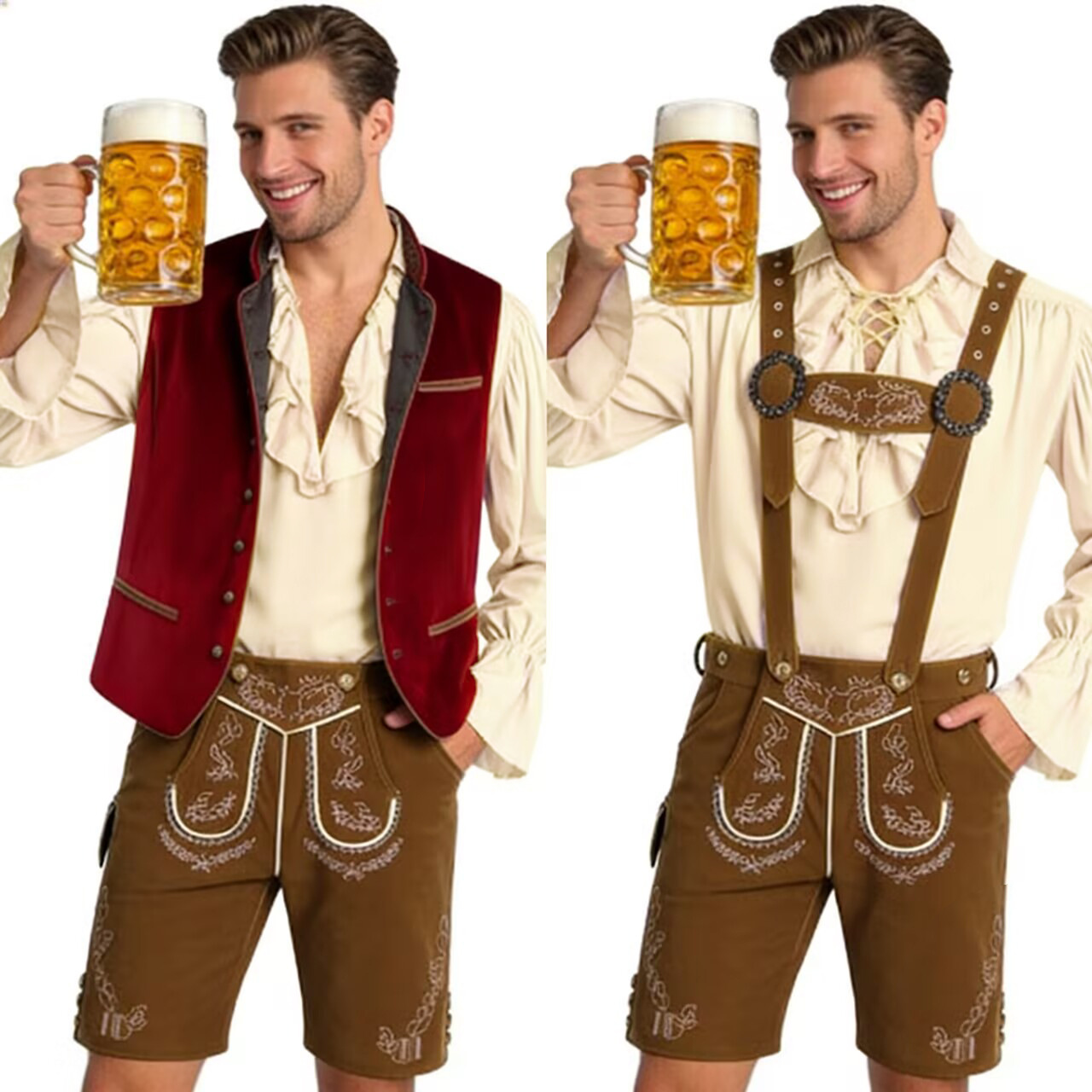 Costume de fête pour hommes, tenue de carnaval d'Oktoberfest, Lederhosen, bretelles, short, chemise, gilet, costume de fête bavarois allemand, cosplay, Halloween