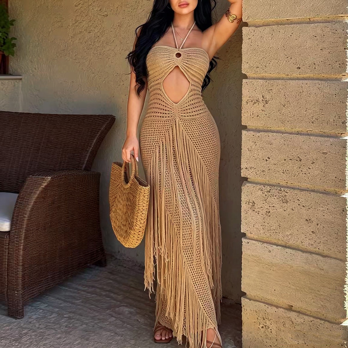 Robe licou ajustée en crochet fait main avec franges, tenue de plage estivale ajourée à nouer, style bohème
