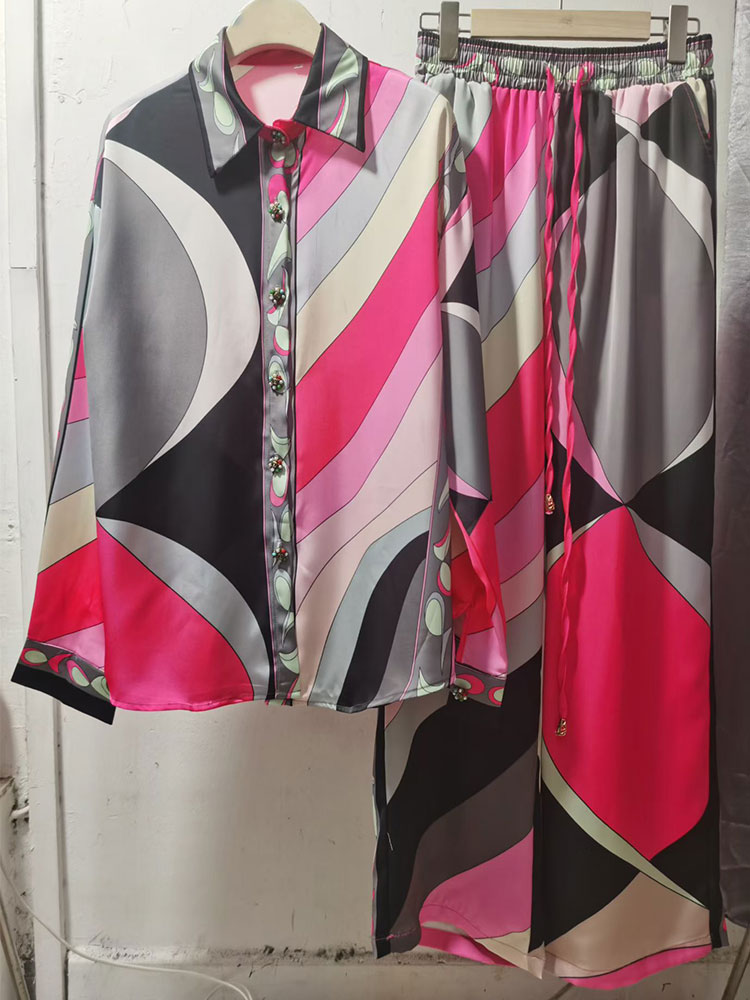 Ensemble 2 pièces pour femme : chemise à imprimé abstrait et pantalon large, élégant, chemisier à manches longues et revers, pantalon à taille élastique assorti
