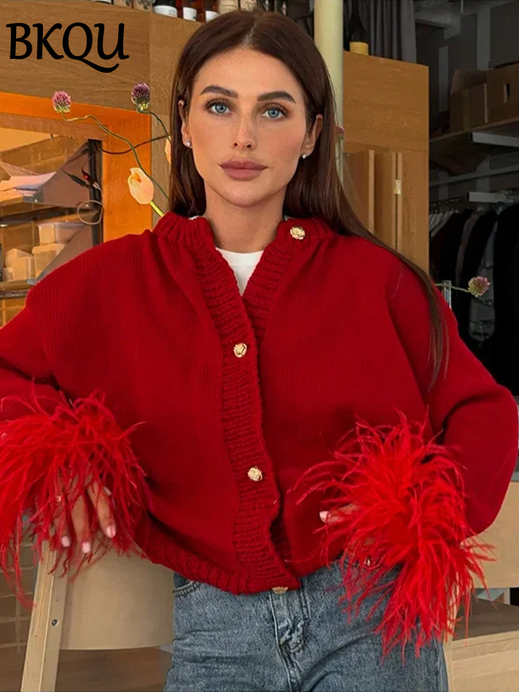 BKQU-Cardigan patchwork de plumes pour femmes, pull court à boutonnage simple, manches longues, mode élégante, rue