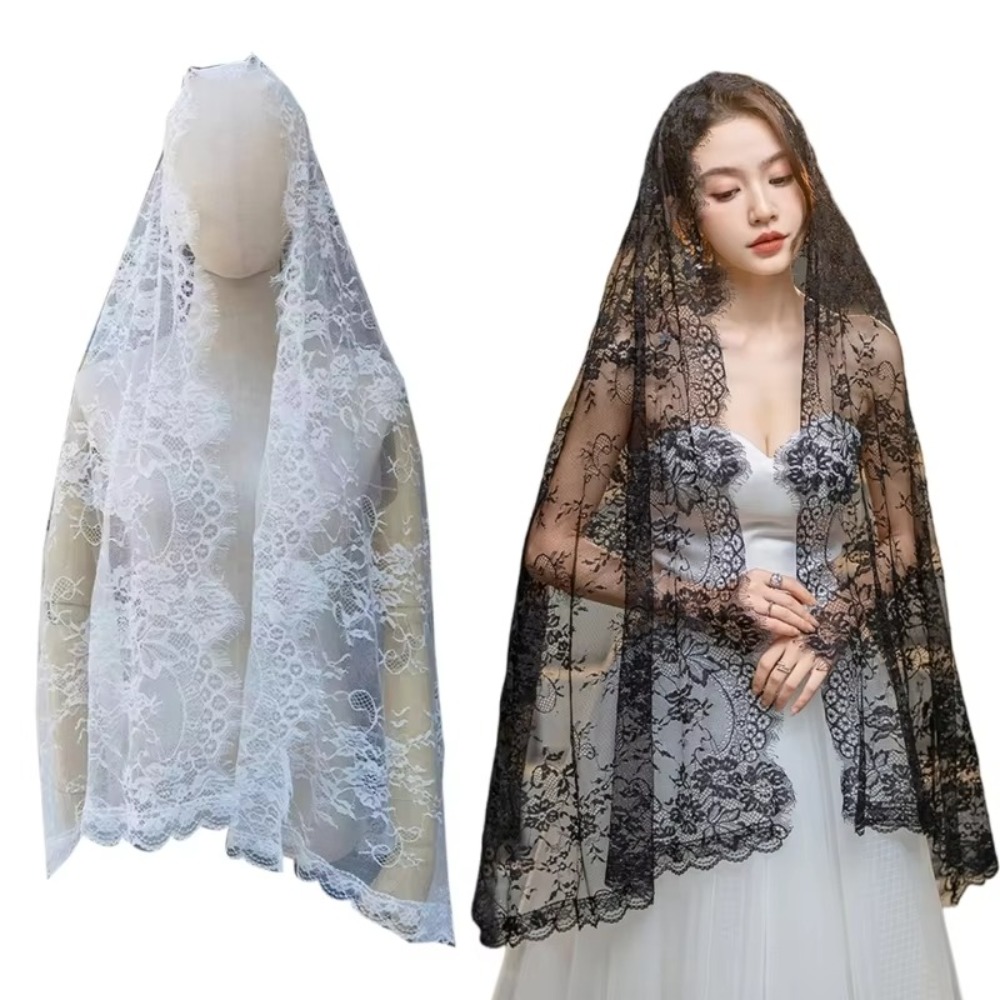 Châle en dentelle élégant pour femmes, longs voiles de mariage noirs, fleur, couvre-tête de mariée, mantille