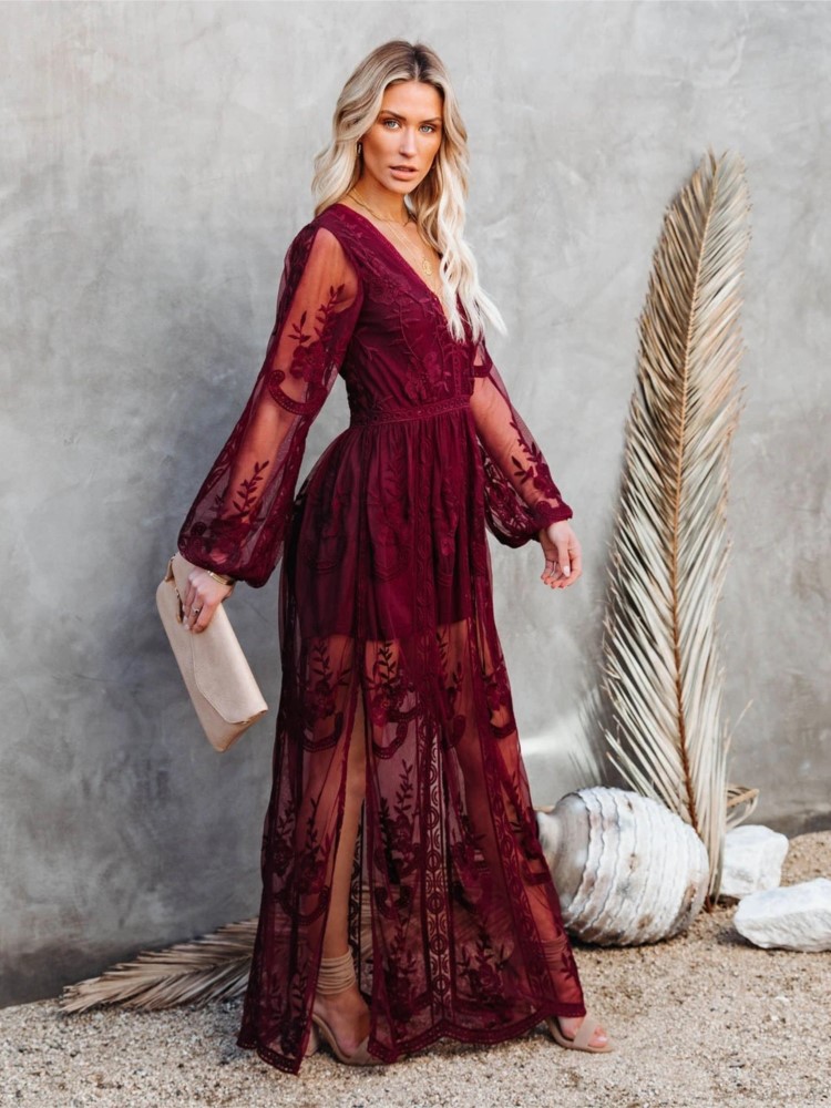 Robe longue en dentelle à manches longues, col en v, couleur unie, mode automne, vêtements de rue pour femmes, robes de tempérament élégantes