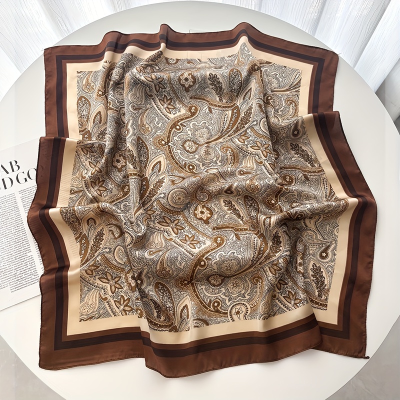 Écharpe carrée marron à motif Paisley pour femmes, foulard multifonctionnel, châle, texture soyeuse, accessoire de mode, disponible en quatre saisons