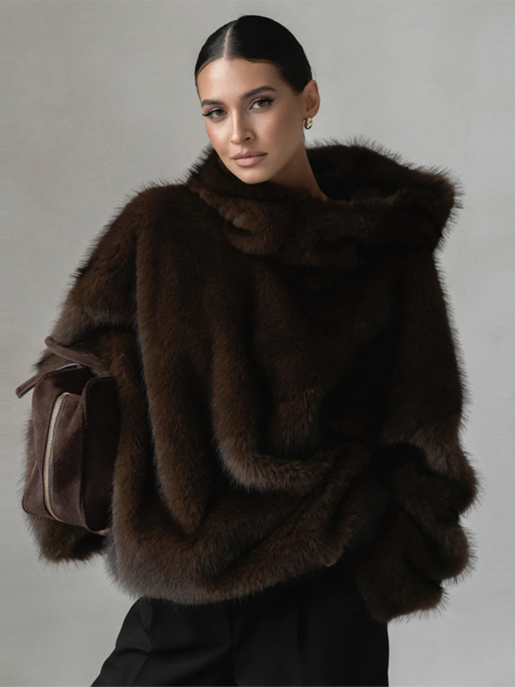 Manteau d'hiver à capuche en fausse fourrure marron pour femme, manches longues, chaud, épais, ample, pull en peluche, mode dame, nouveaux vêtements d'extérieur, 2025