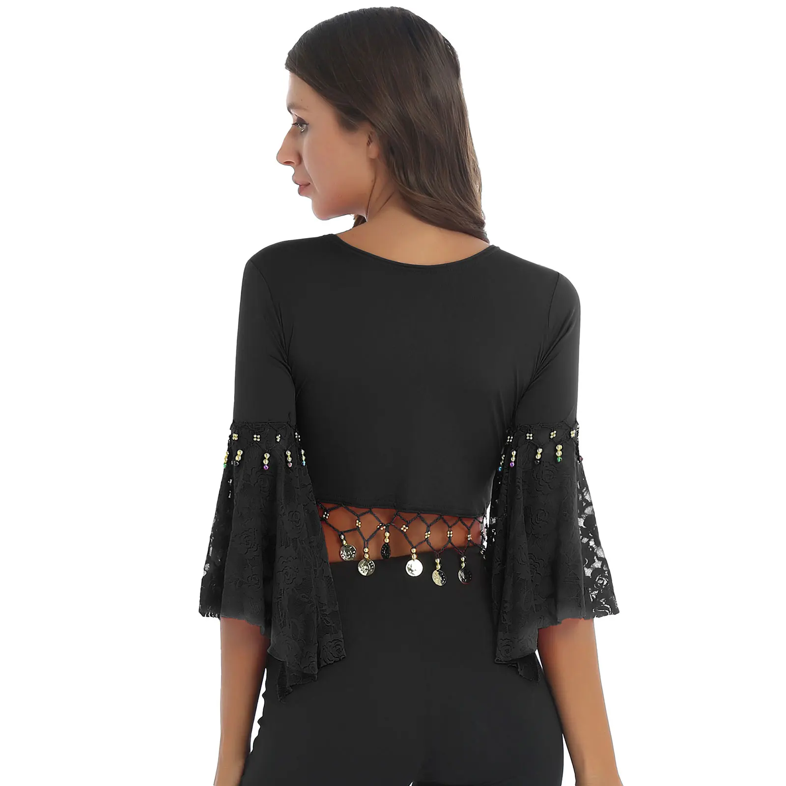 Veste courte boléro pour femmes, Costume de danse du ventre, manches évasées, châle à nœud, Cardigan, perles scintillantes, pompon, haut de danse du ventre