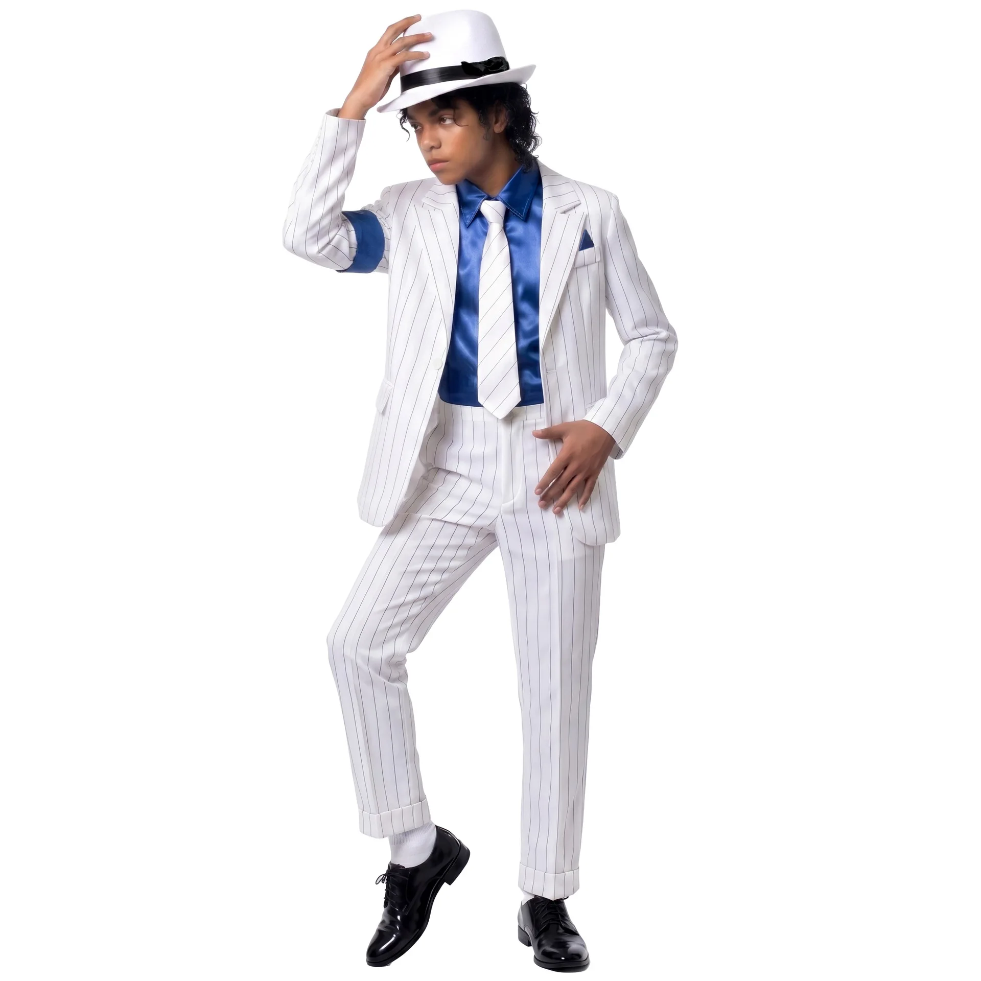 Costume de cosplay Michael Jackson Smooth Criminal, blazer blanc, pantalon, chemise bleue, cravate, chapeau, MJ King of Pop, robe de carnaval d'Halloween