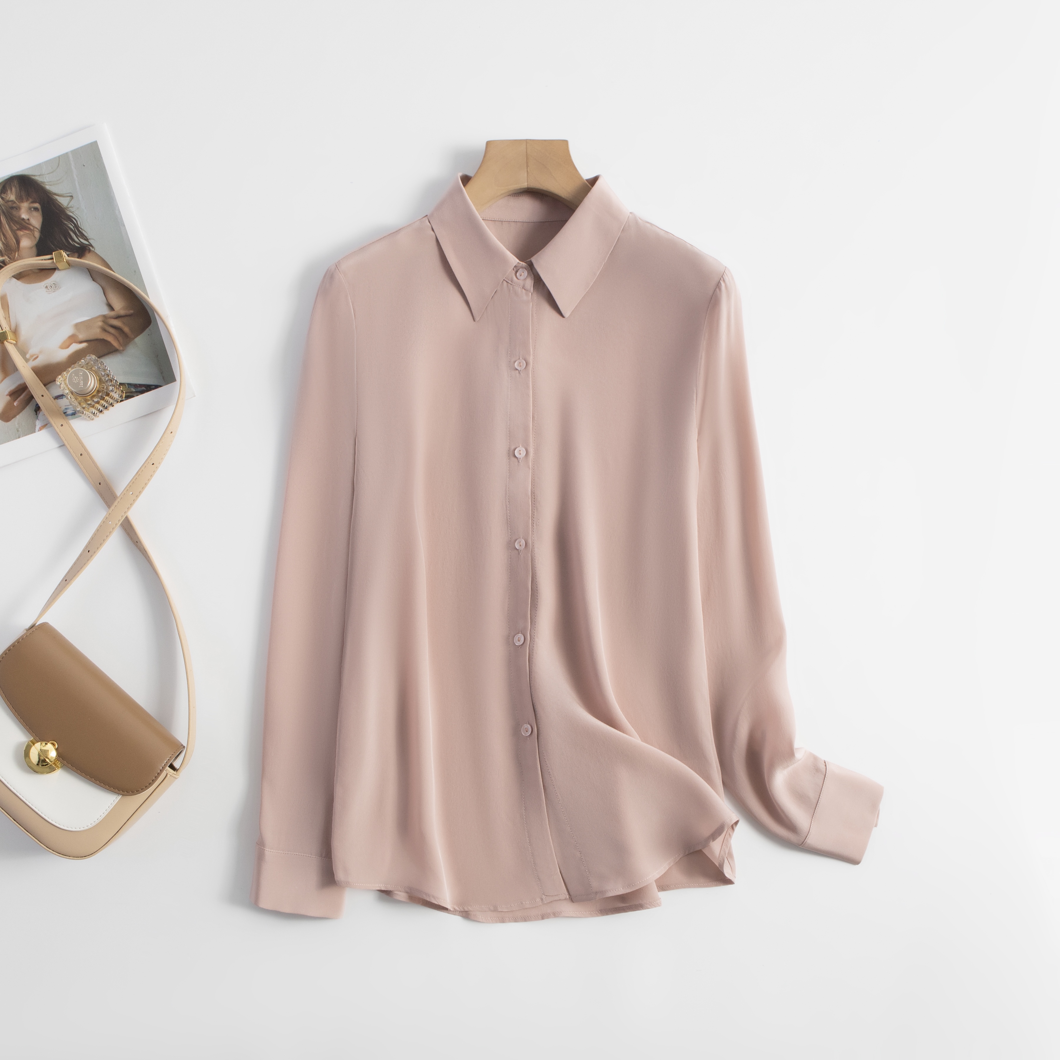Chemise à revers en crêpe de Chine 100% soie de mûrier, été et automne, facile à assortir, décontractée, manches longues
