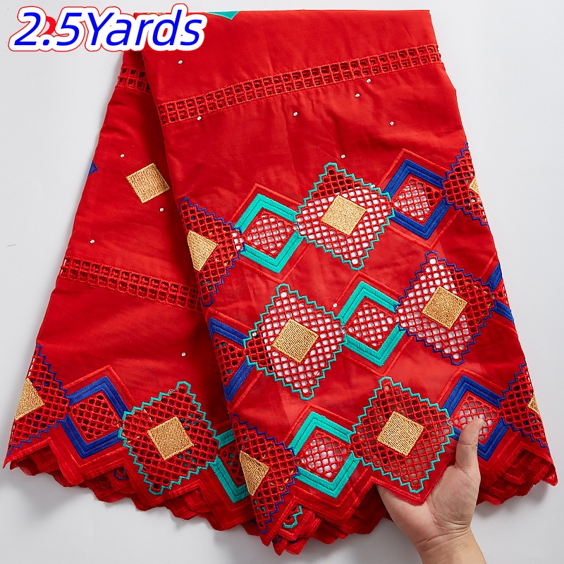 Tissu en dentelle de coton africain brodé, voile suisse de haute qualité avec pierres pour robes de mariée et de soirée pour femmes, 2,5 yards